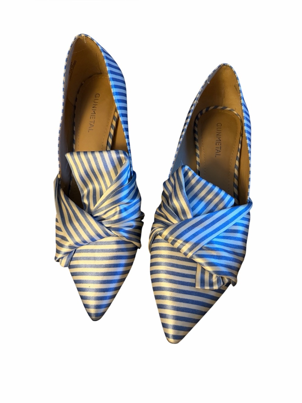 Gianvito Rossi Blue & White Striped Satin Twisted Bow-Front Pointed Heels